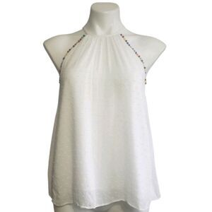 Miami white tank top multicolor pompom trim S